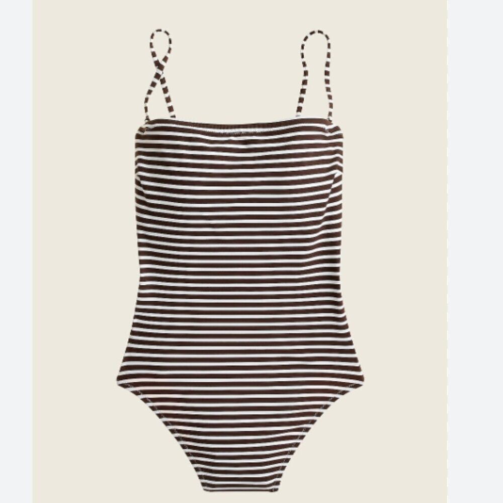 J. Crew Bandeau One Piece Bathing Suit in Bold Stripe White/Brown Size 10 NWT - Picture 3 of 7